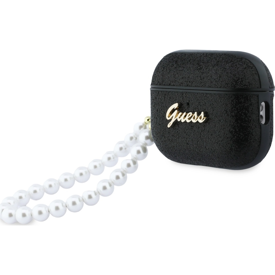 Oryginalne ekskluzywne etui od marki Guess z kolekcji Glitter Pearl Strap z perłową zawieszką dla Apple AirPods Pro 3, czarne